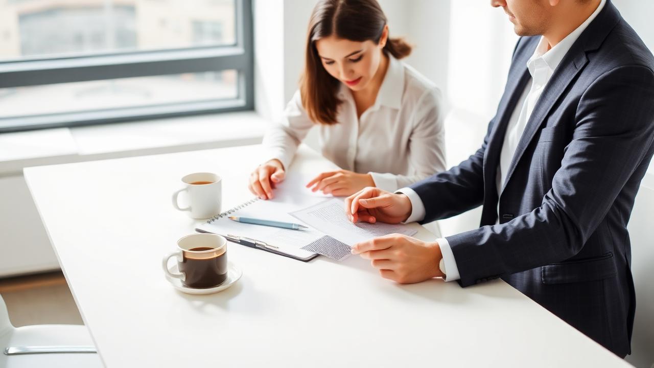 Two professionals reviewing printed documents at a bright meeting table