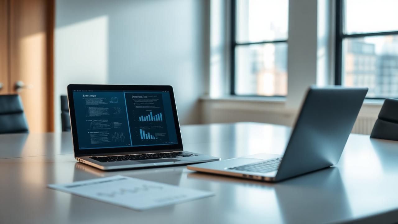 Bright boardroom table with a laptop and printed strategy documents